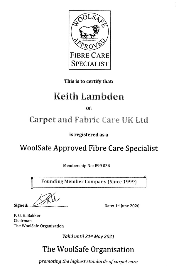 Woolsafe apptoved fibre care specialist certificate